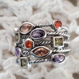 Sterling Silver 925 Multi Gemstone Wide Band Ring Size 8 Boho Statement Cocktail
